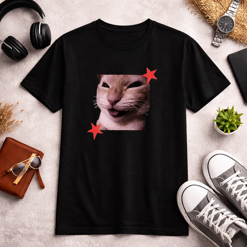 Funny Cat Graphic Printed Black T-Shirt for Men & Women – Cute Meme Cat Face Design Round Neck Half Sleeves Casual Streetwear Unisex Tee