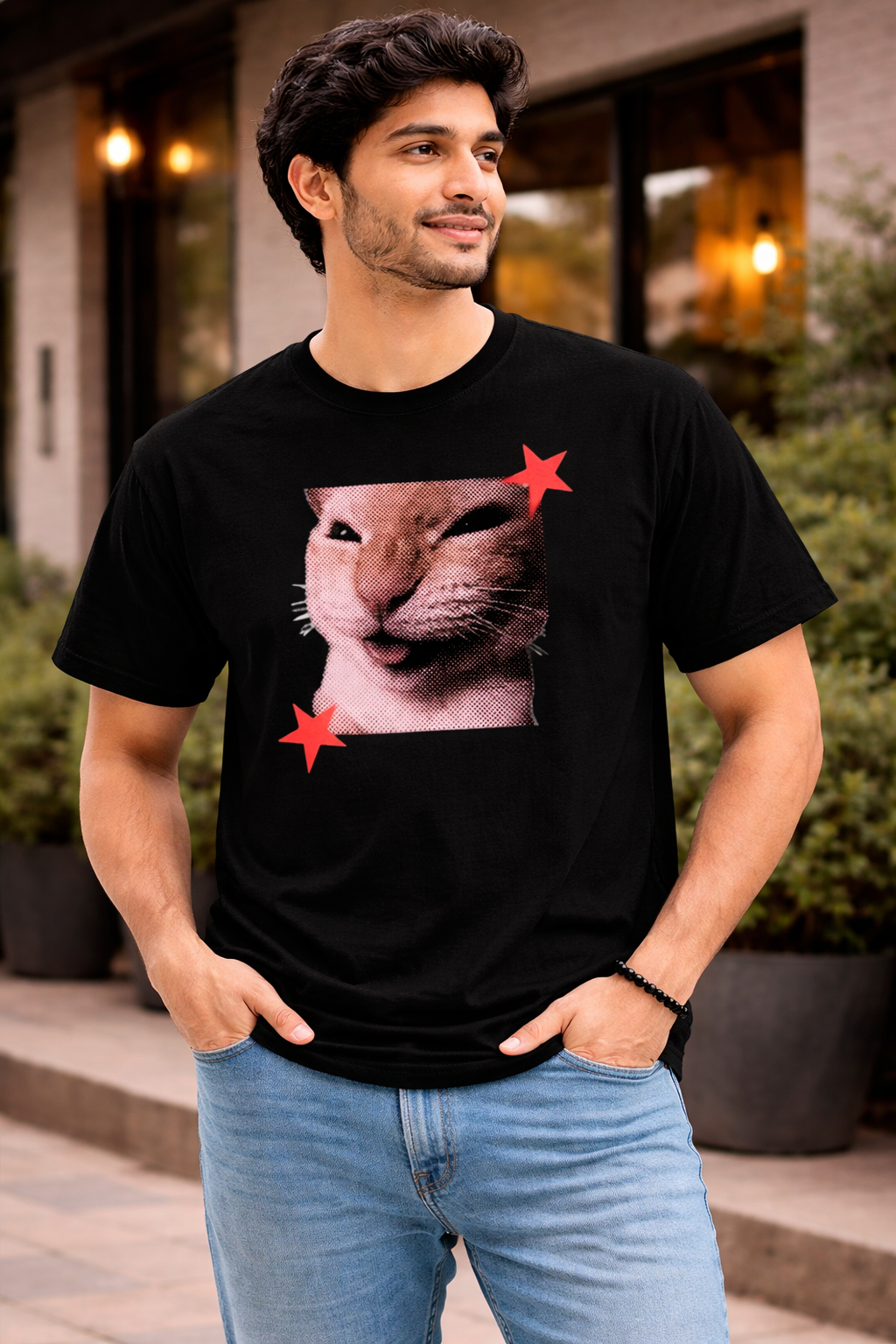 Funny Cat Graphic Printed Black T-Shirt for Men & Women – Cute Meme Cat Face Design Round Neck Half Sleeves Casual Streetwear Unisex Tee