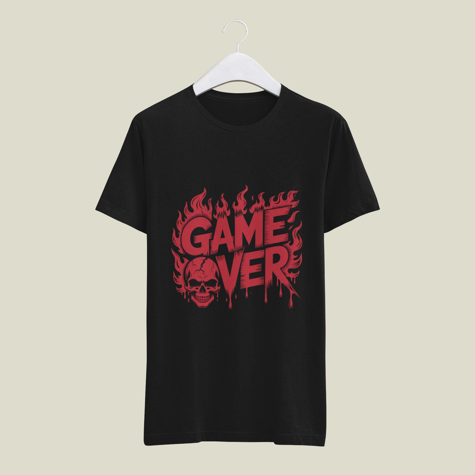 Game Over Skull Graphic Printed White T-Shirt for Men & Women – Gothic Gamer Horror Design Round Neck Half Sleeves Cotton Casual Streetwear Unisex Tee