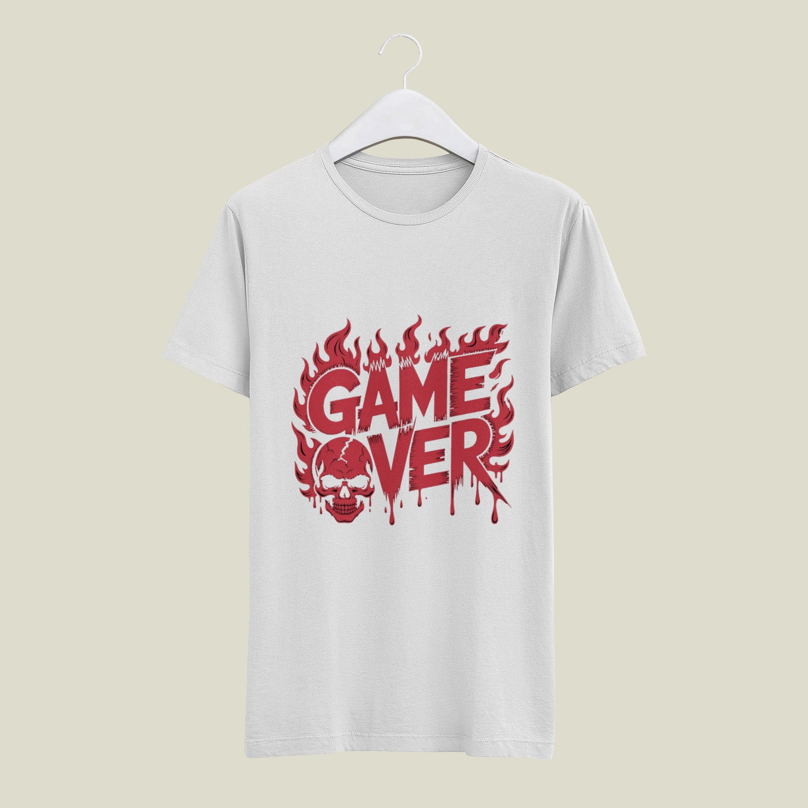Game Over Skull Graphic Printed White T-Shirt for Men & Women – Gothic Gamer Horror Design Round Neck Half Sleeves Cotton Casual Streetwear Unisex Tee